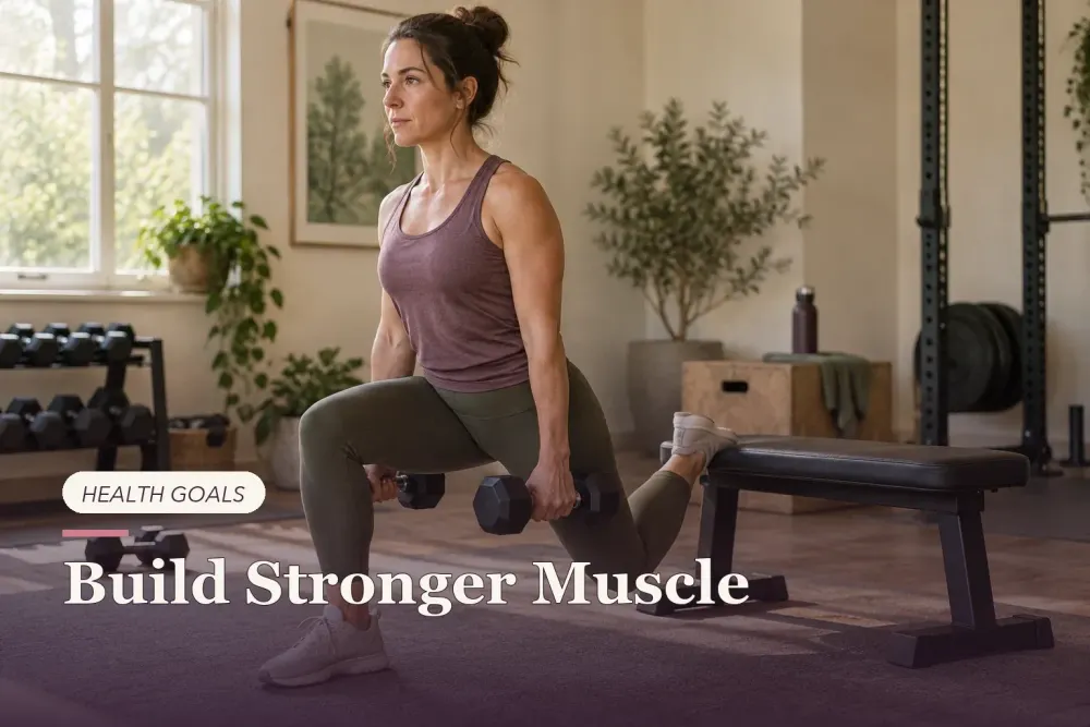 A woman performing a dumbbell split squat in a bright home gym.