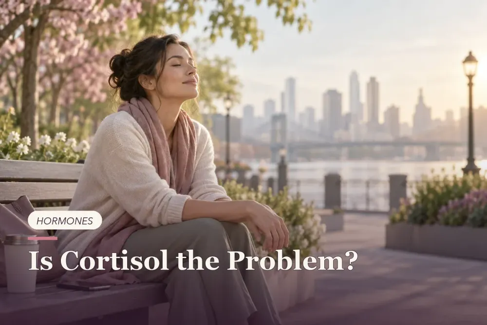 A woman taking a quiet pause on a city bench with her phone face down.