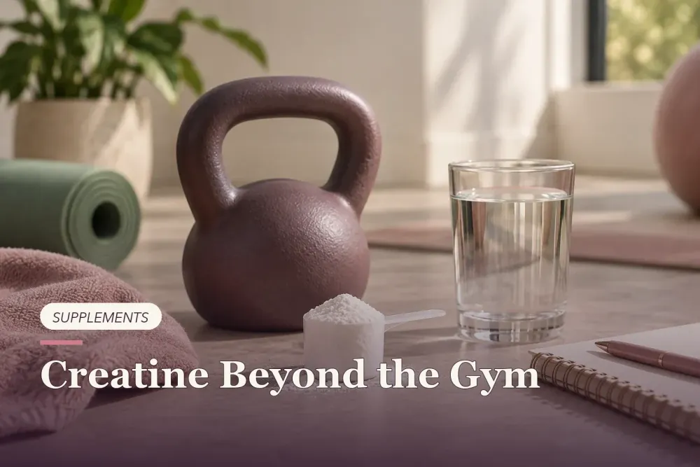 Creatine powder beside a kettlebell, water and a notebook.