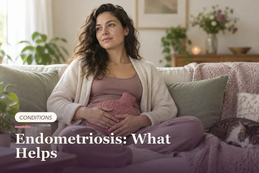 A woman resting with a warm compress over her lower abdomen.
