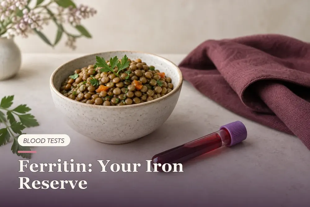 A capped blood collection tube beside lentils and a burgundy cloth.
