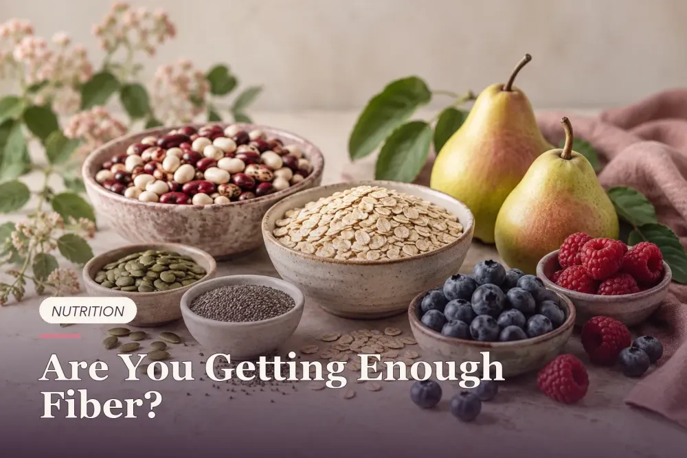 Beans, oats, berries, pears and seeds arranged in colorful clusters.