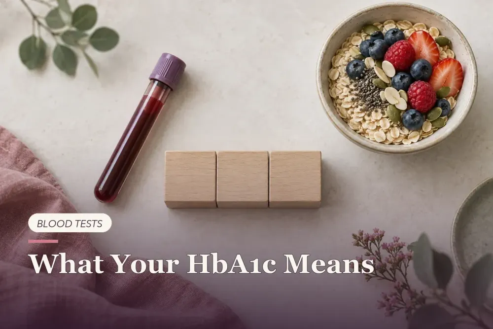A blood sample tube beside oats, berries and three unmarked wooden blocks.