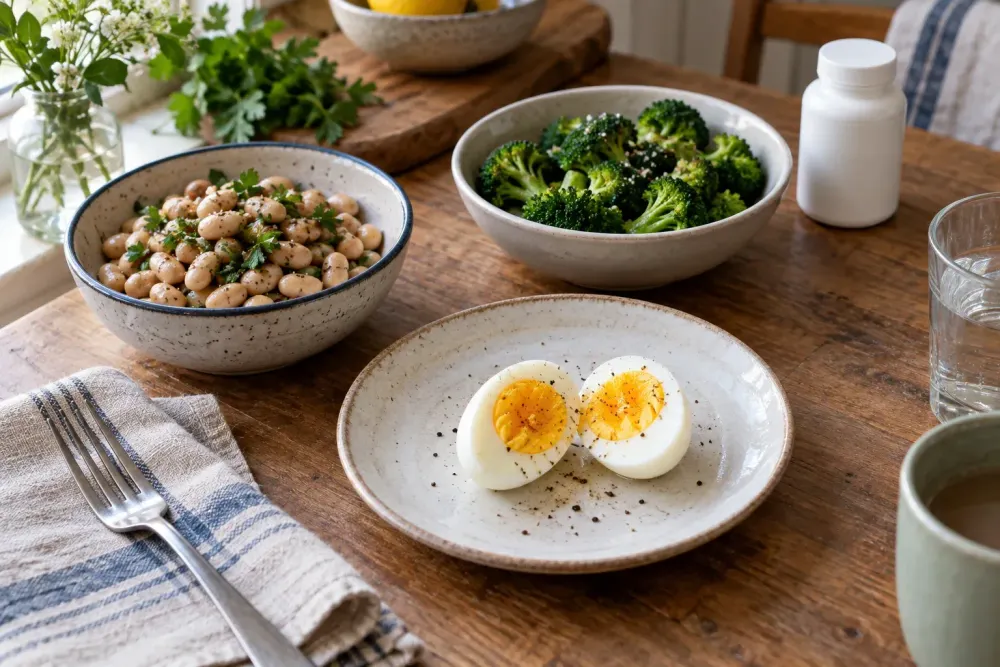 A cooked egg cut in half beside bowls of white beans and broccoli on a kitchen table.