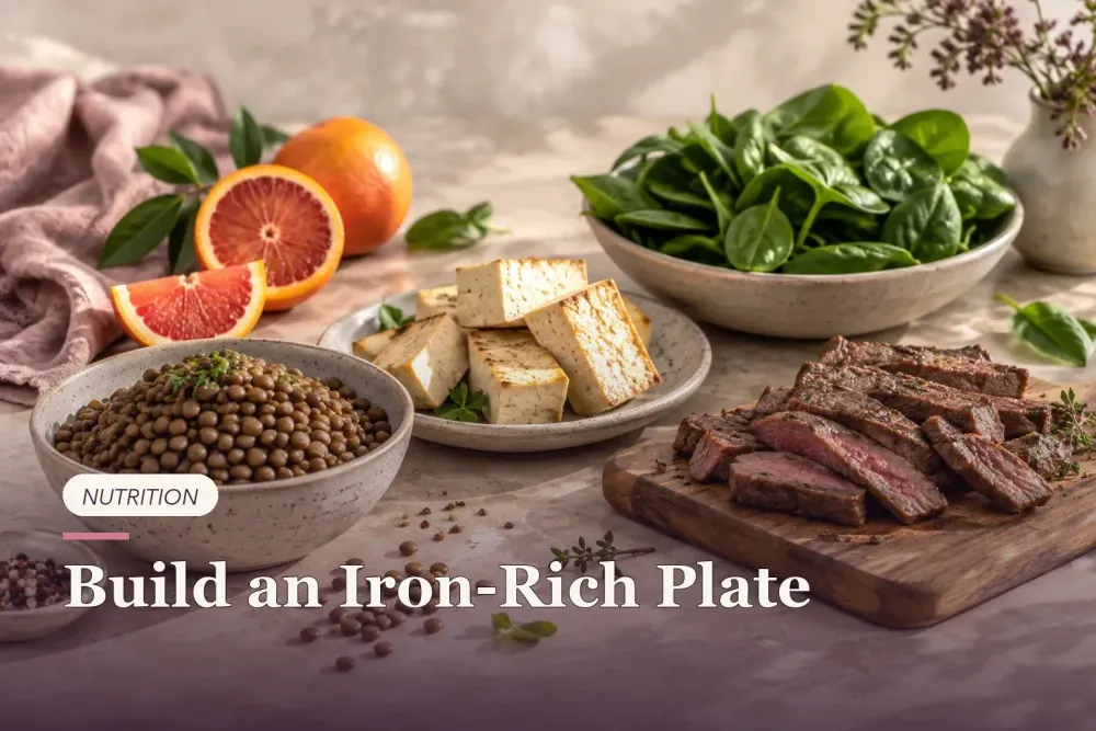 Lentils, tofu, beef, spinach and citrus arranged on a table.