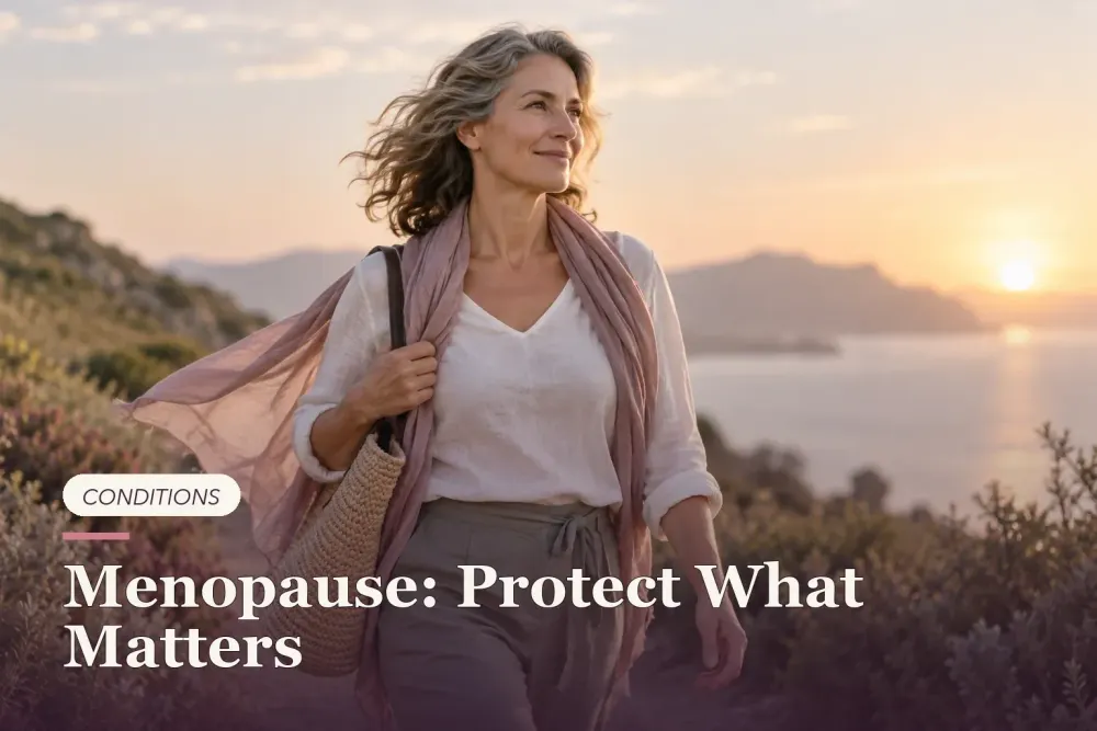A midlife woman walking outdoors at golden hour.