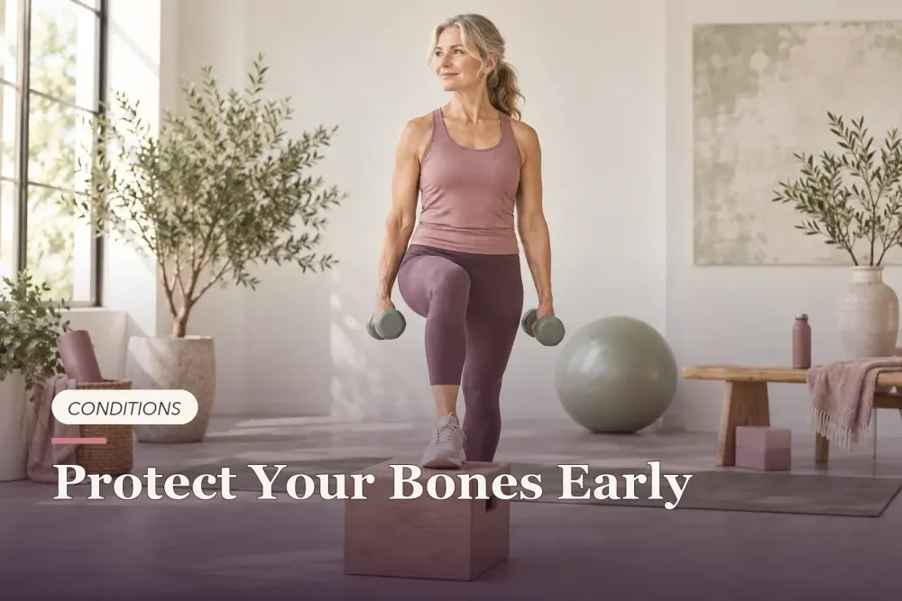 A midlife woman doing a weighted step-up in an airy studio.