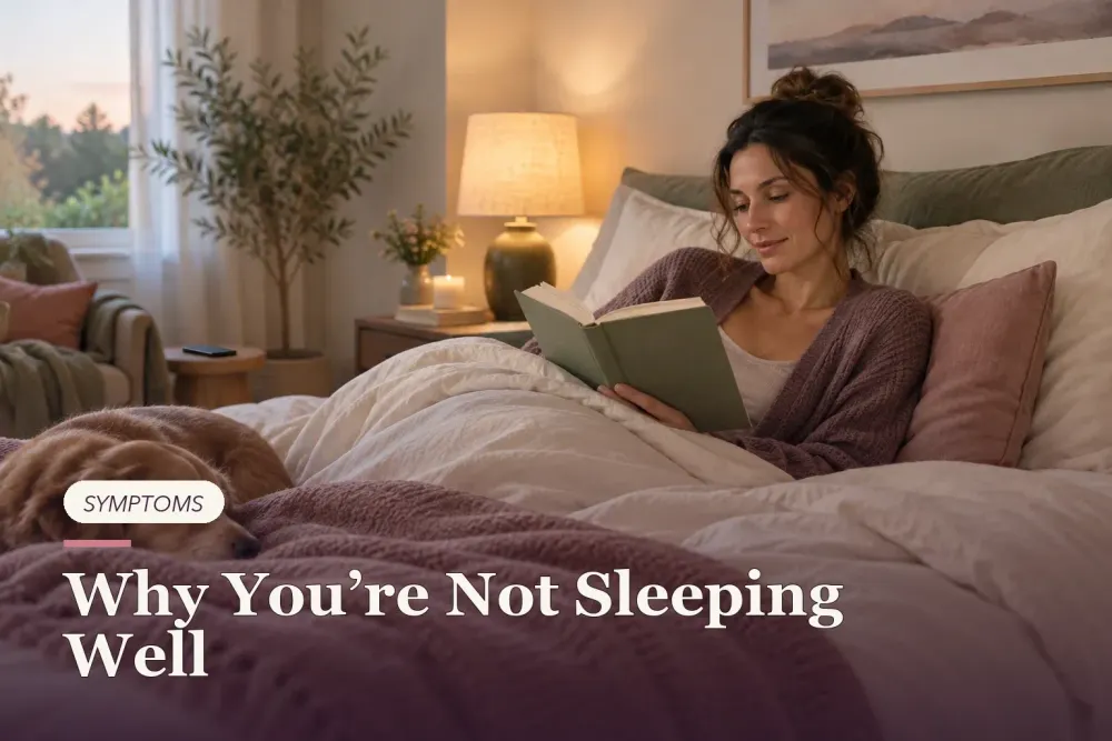 A woman reading in bed under a dim amber lamp.