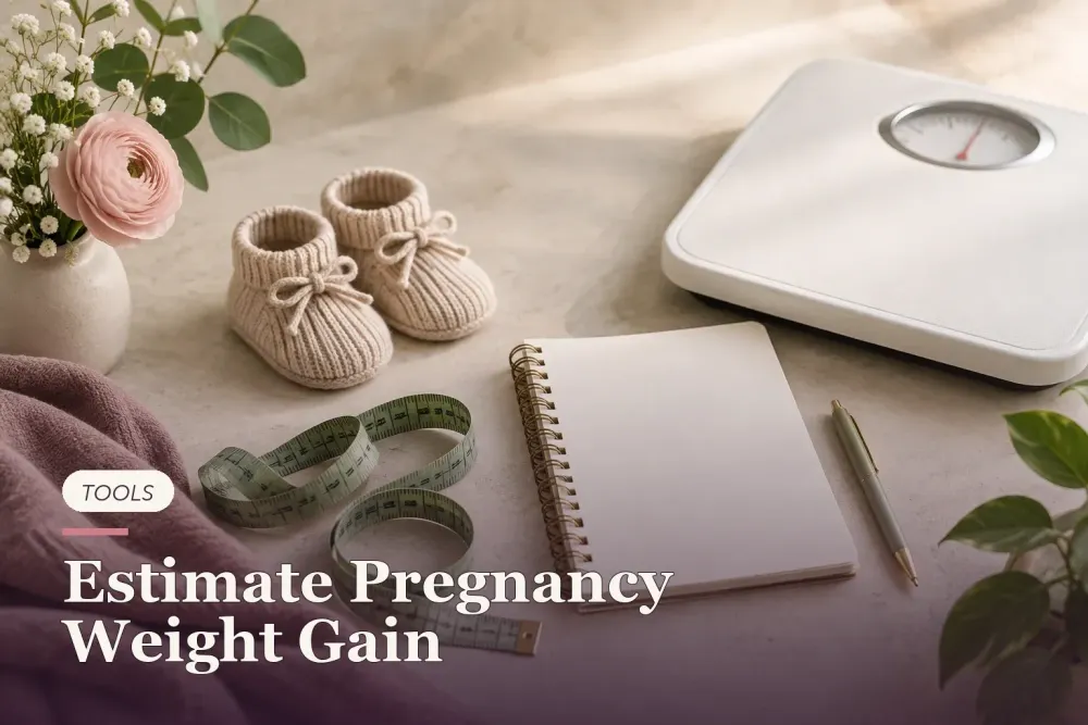 A measuring tape, baby shoes, blank notepad and bathroom scale.