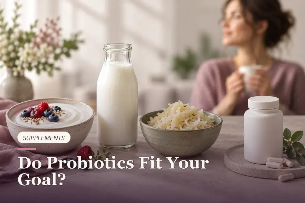 Yogurt, kefir, sauerkraut and an unbranded probiotic bottle.