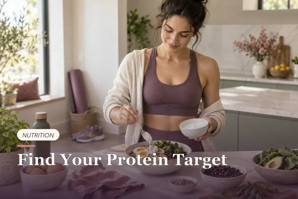A woman preparing eggs, beans and yogurt after a workout.