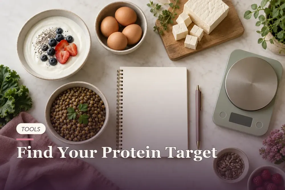 Yogurt, eggs, tofu and lentils beside a blank notepad and kitchen scale.