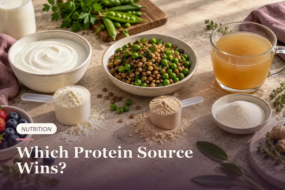Whey powder, yogurt, lentils, peas and collagen powder arranged on a kitchen table.