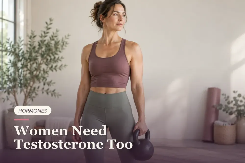 A woman holding a kettlebell at her side in a bright studio.