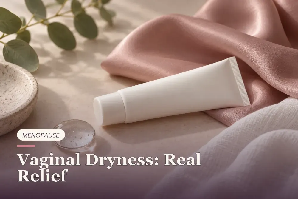 An unbranded moisturizer tube beside a clear gel drop and soft rose-colored fabric.