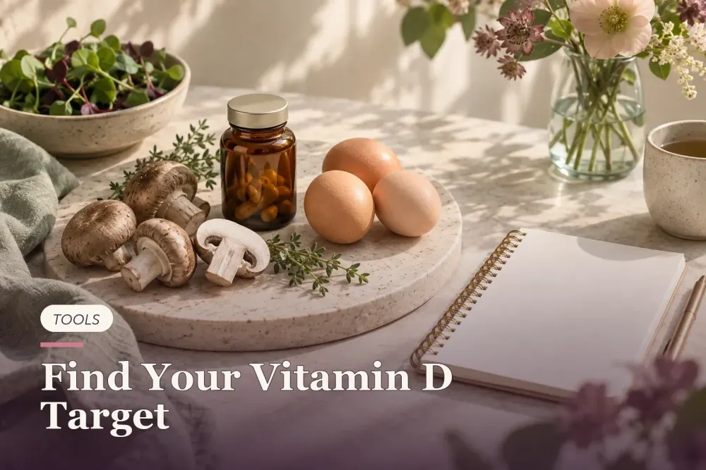 Mushrooms, eggs and an unbranded bottle beside a blank notepad in sunlight.