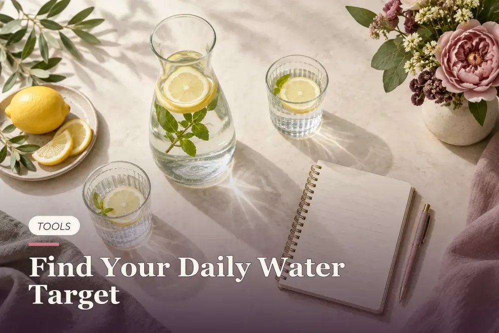 A water carafe, glasses, lemon and a blank notepad.