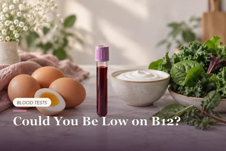 A blood sample tube with eggs, yogurt and leafy greens.