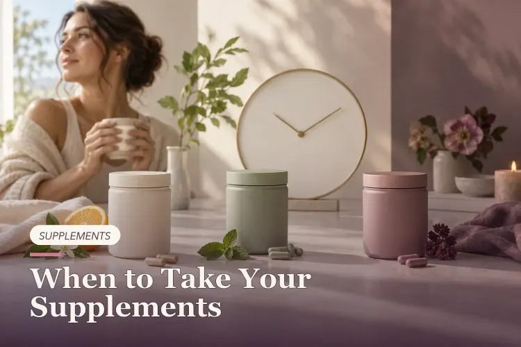Three supplement containers in different pools of daylight beside a blank clock face.