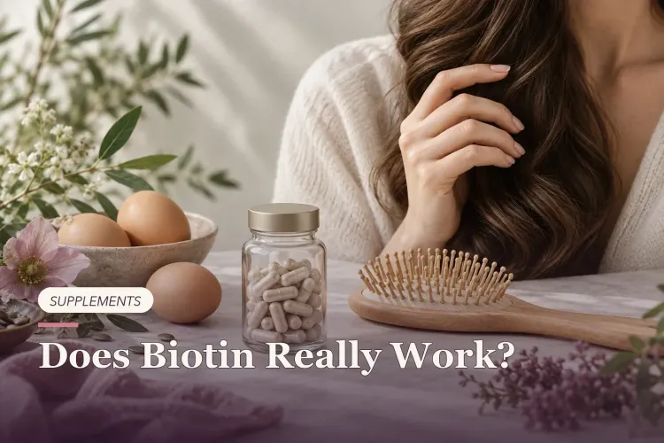An unbranded supplement bottle beside a hairbrush, natural nails and eggs.