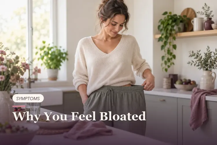 A woman adjusting her waistband in a bright kitchen.