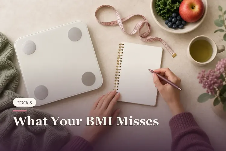 A scale, measuring tape and blank notepad arranged for a BMI calculation.