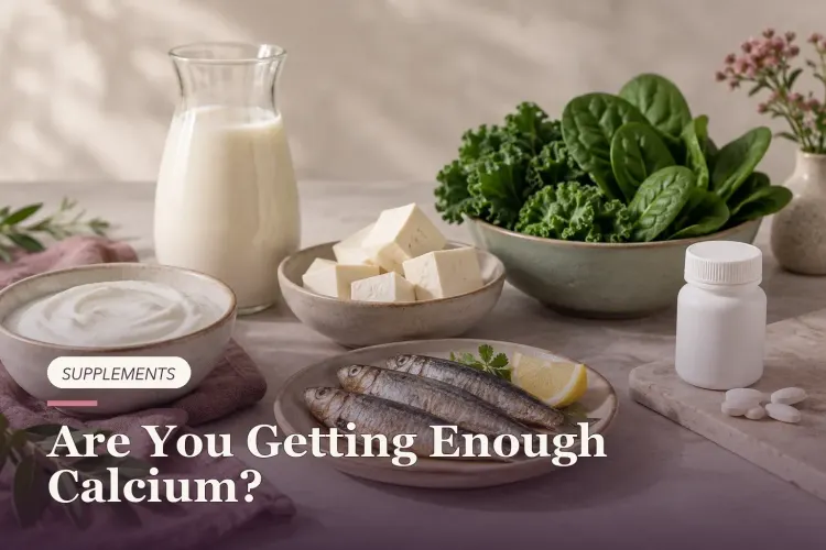 Yogurt, plant milk, tofu, sardines and greens beside an unbranded bottle.