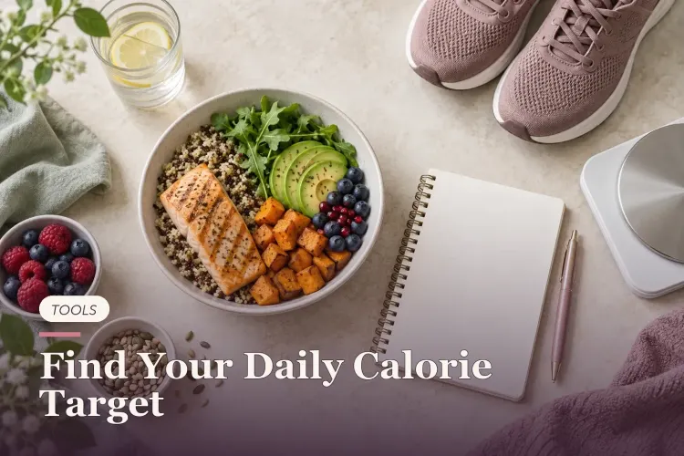 A balanced meal, walking shoes, kitchen scale and blank notepad.
