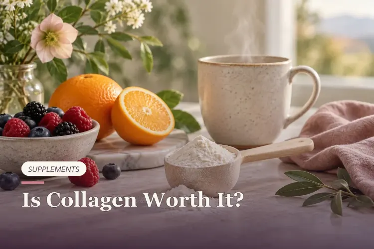Collagen powder beside citrus, berries and a steaming mug.