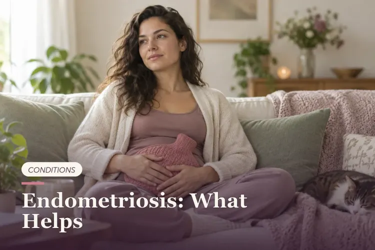 A woman resting with a warm compress over her lower abdomen.