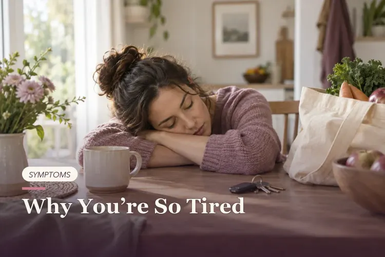 A woman resting at a dining table after everyday tasks.