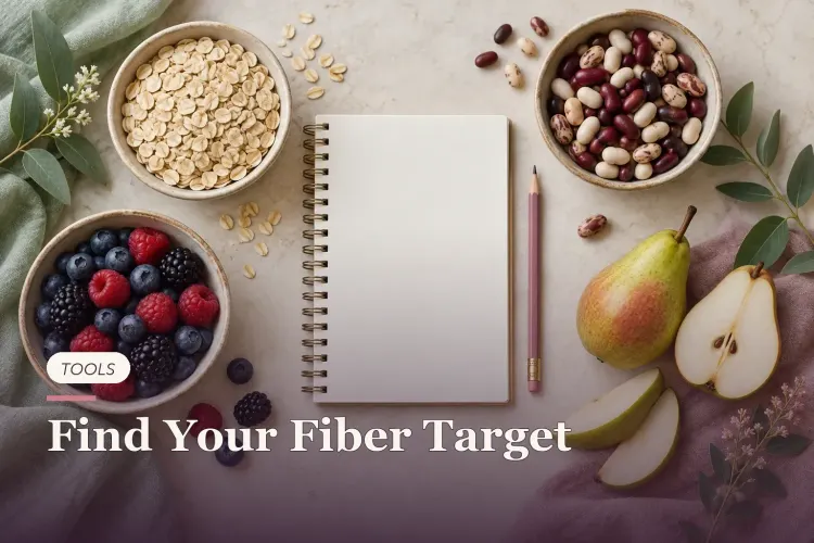 Beans, oats, berries and pears around a blank notepad.