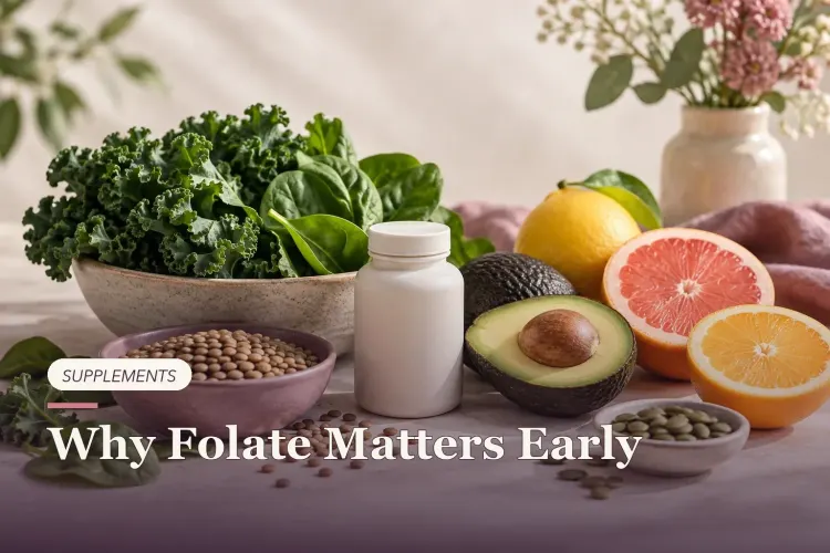 Leafy greens, lentils, avocado and citrus around an unbranded bottle.