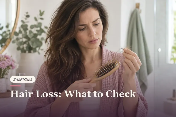 A woman examining loose strands in a wooden hairbrush.