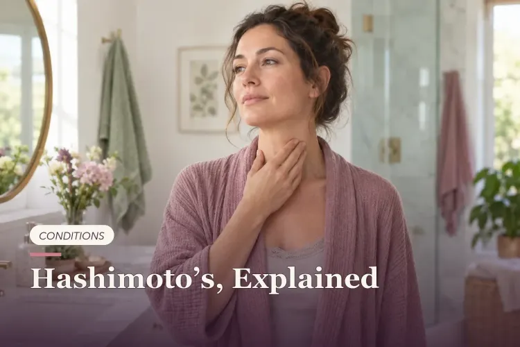 A woman gently touching the front of her neck in a bright bathroom.