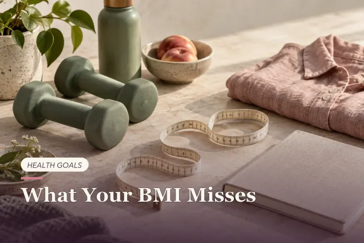 Dumbbells, a measuring tape, an apple and a notebook arranged for a balanced health routine.