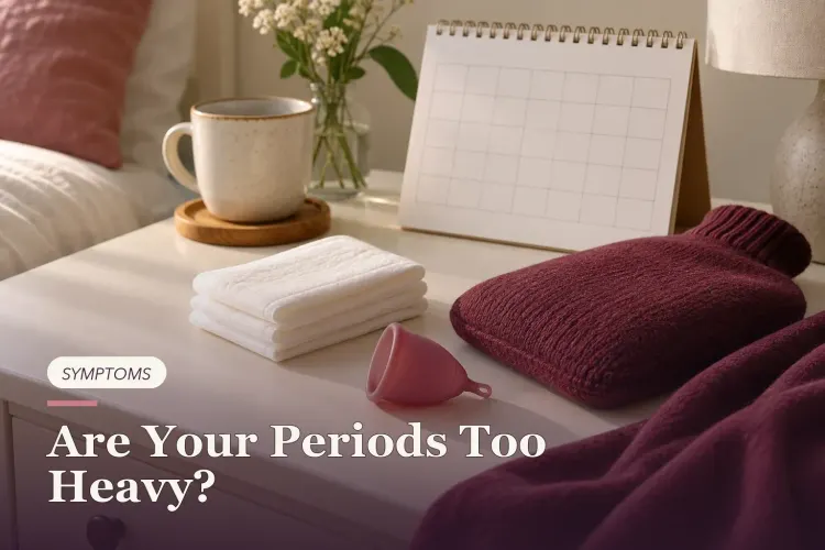 A blank calendar, folded towels and a menstrual cup in a calm bedroom setting.