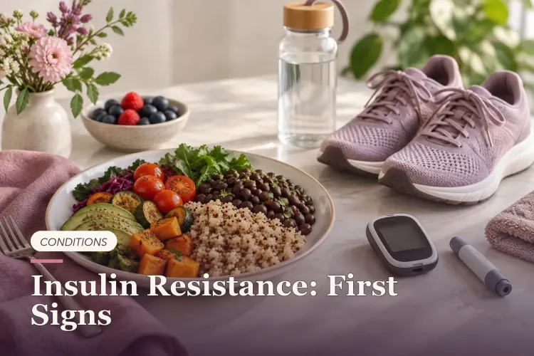 A balanced meal, walking shoes and a glucose meter with its screen hidden.