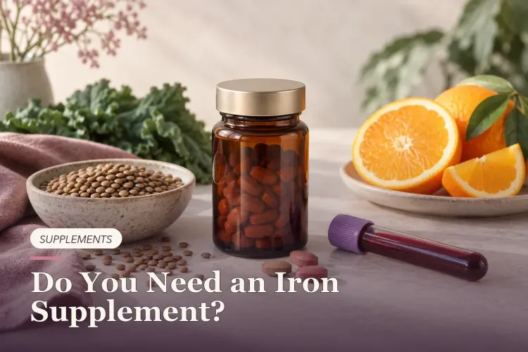 An iron supplement bottle beside a blood tube, lentils and orange slices.