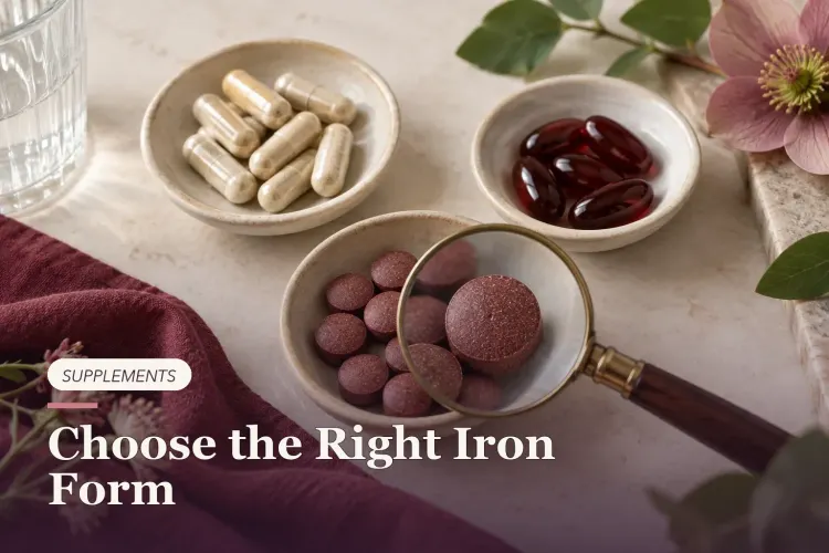 Three iron supplement forms in separate dishes beside a magnifying glass.