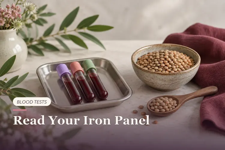 Three capped blood sample tubes with lentils and deep red linen.