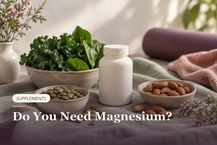 Pumpkin seeds, almonds, leafy greens and an unbranded supplement bottle.