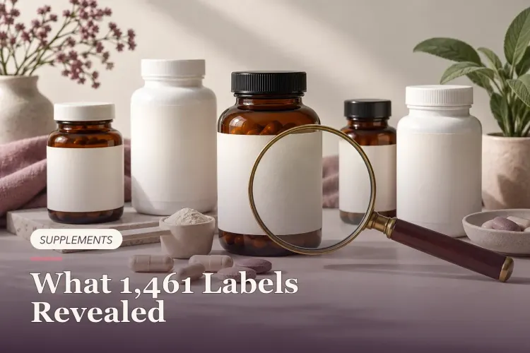 Unbranded supplement bottles and capsules examined through a magnifying glass.
