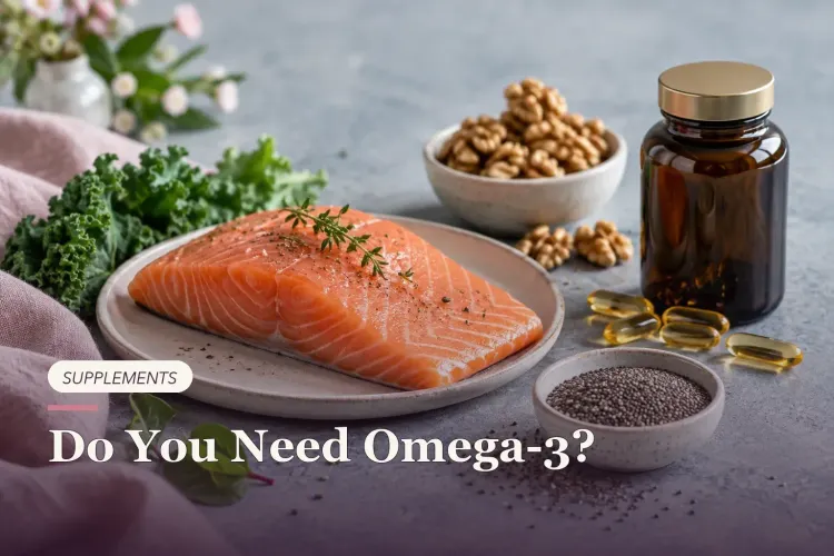 Salmon, walnuts, chia seeds and an unbranded supplement bottle.