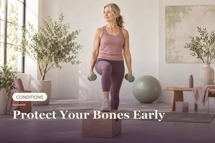 A midlife woman doing a weighted step-up in an airy studio.