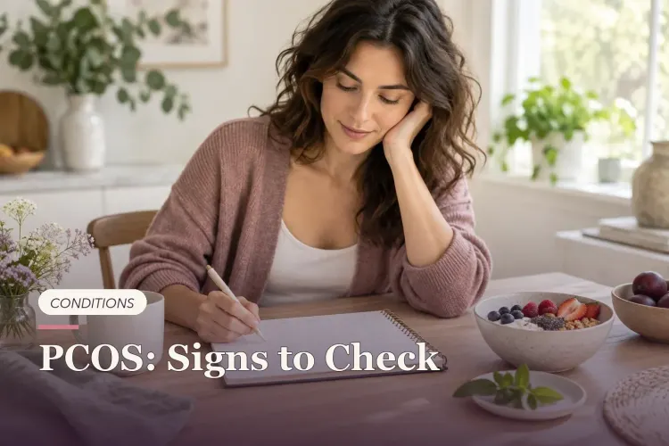 A woman reviewing a blank cycle calendar beside breakfast.