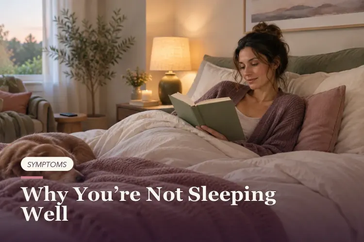 A woman reading in bed under a dim amber lamp.