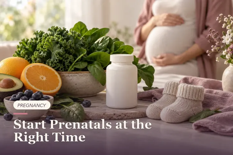 An unbranded prenatal bottle beside greens, citrus and baby socks.