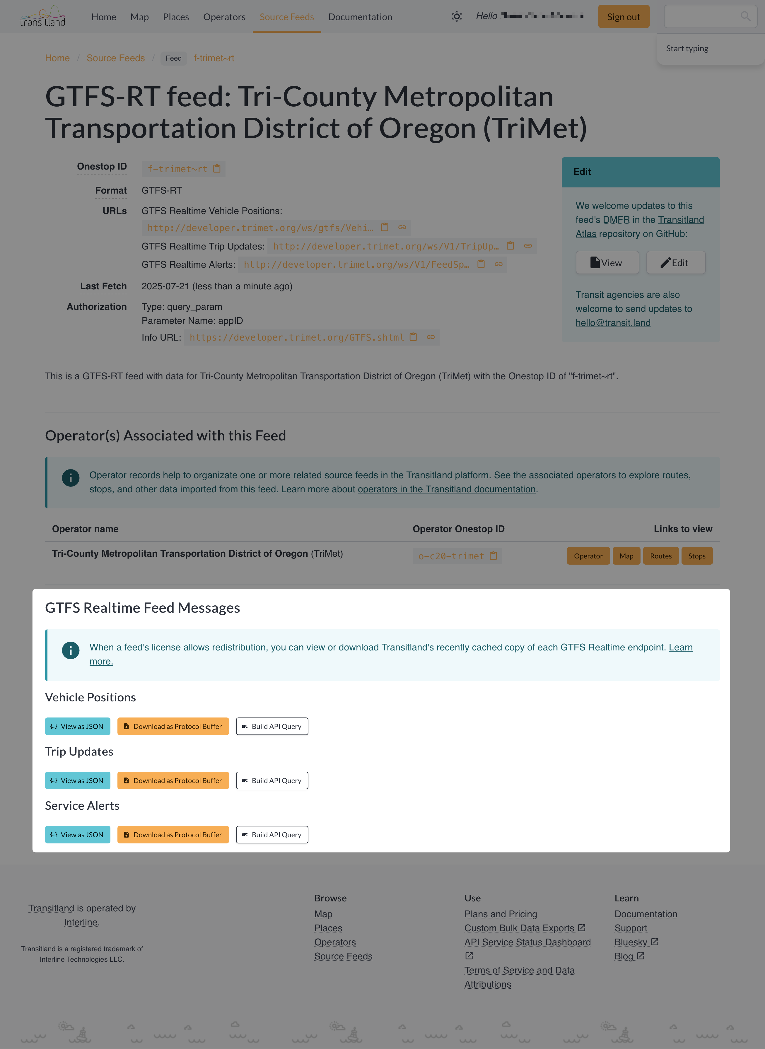 screenshot of https://www.transit.land/feeds/f-trimet~rt
