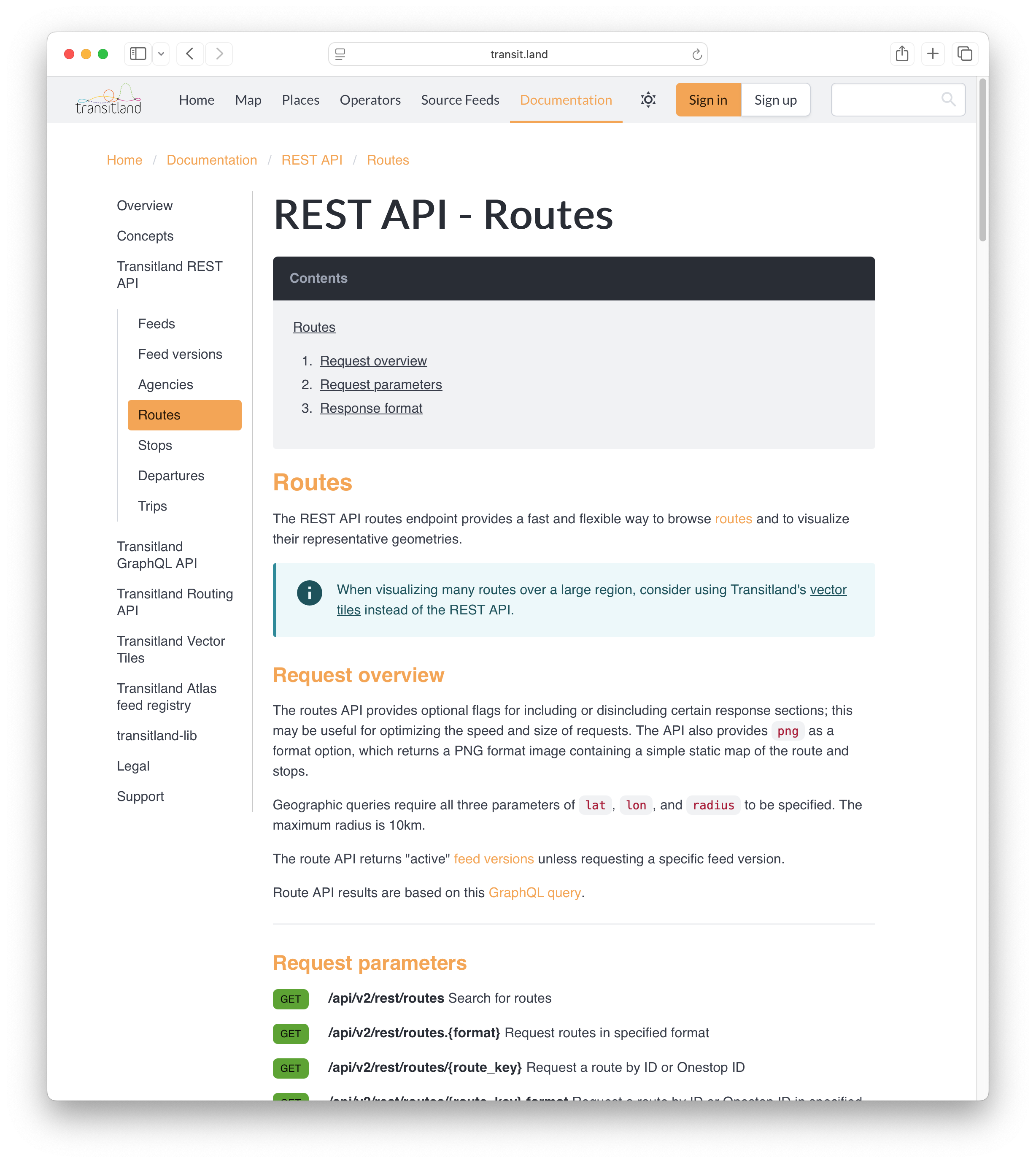 screenshot of Transit REST API routes endpoint documentation defining the URL, request parameters, and response contents